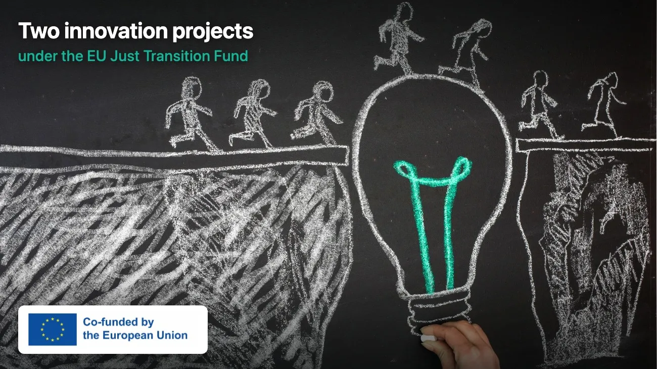 A chalk drawing of a light bulb bridging a gap between two cliffs, with the title Two innovation projects under the EU Just Transition Fund and the emblem Co-funded by the European Union